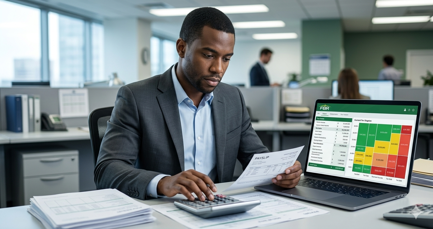 USA employee calculating FBR salary tax with payslip and tax slabs 2026